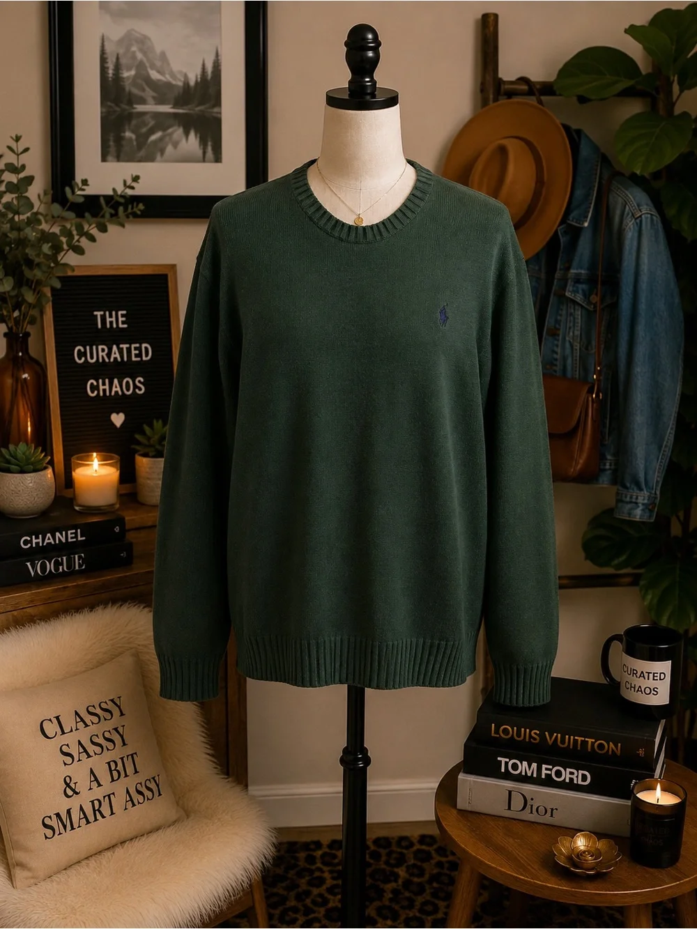 Polo Ralph Lauren Men’s XXL Dark Green Crewneck Sweater Blue Pony EUC